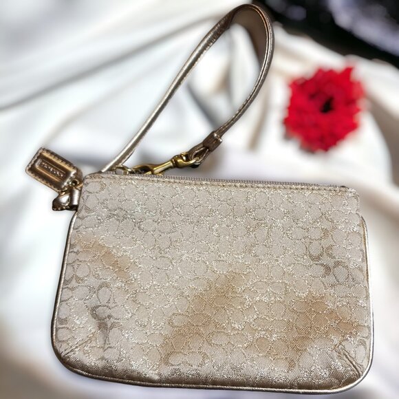 Coach Gold Metallic Leather Jacquard Gold Thread Monogram C Wristlet Clutch - Picture 1 of 8
